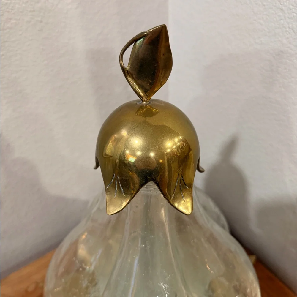 Vintage Italian Glass Pear Decanter Set 5 Bottles Brass Leaf Stand MCM 1960s